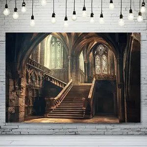1pc Vintage Castle Printed Polyester Knit Standing Banner - Arched Backdrop Frame-Compatible, Machine Washable, No Power/Battery Needed, Wedding Party Backdrop, Birthday Use, Home Stairway Curtain