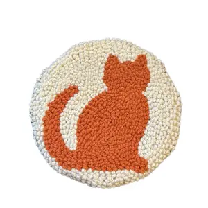 Orange Cat Design Punch Needle Coaster - Tableware with Unique Pattern and Textured Finish