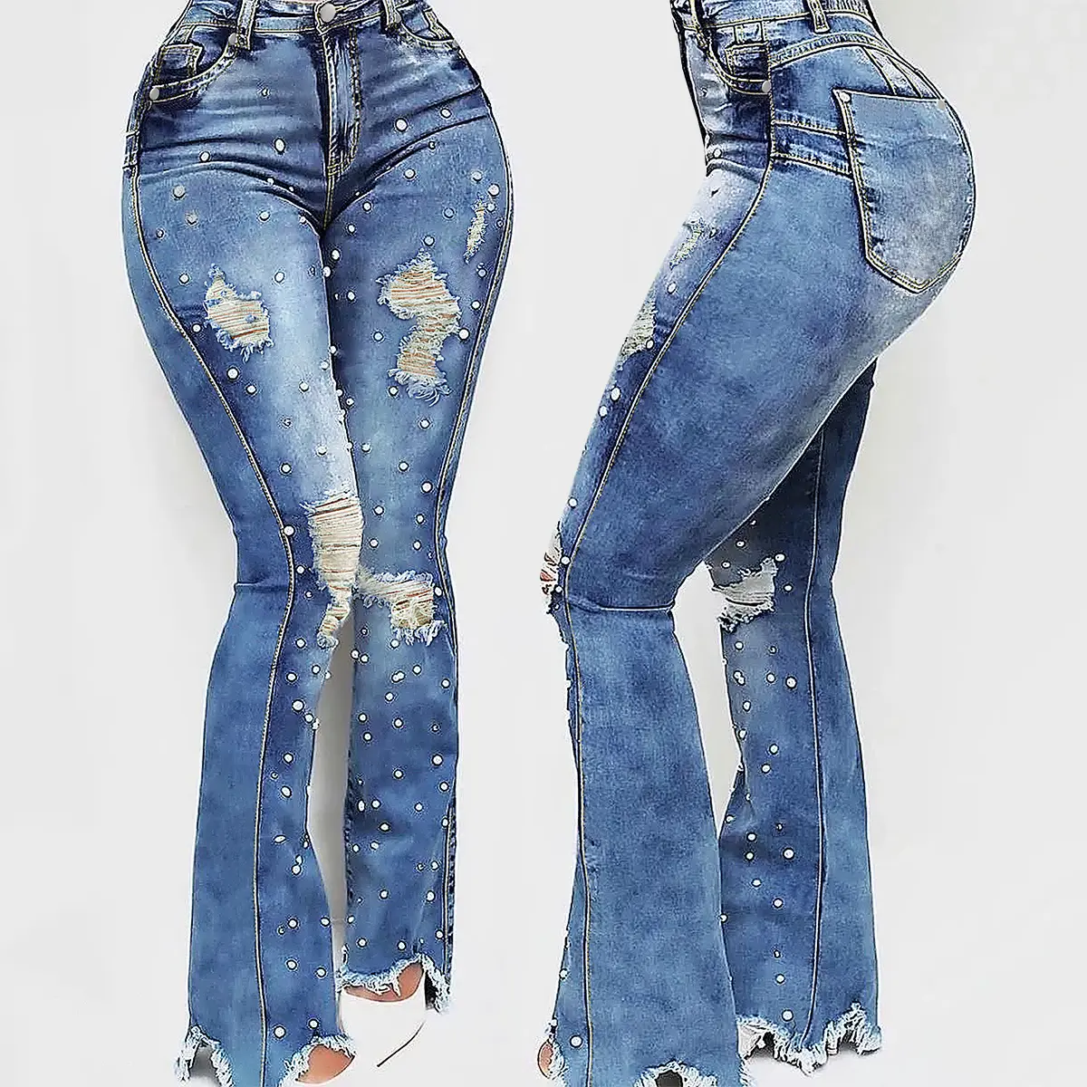 Stylish Women's Flared Embellished Jeans, Vintage Distressed Denim with Pearl Accents and a Shiny Finish, Lady, Bottom, Jeans For Women, Fashion, Bottoms, Elegant, Style, Flattering Jeans, Jean Pants Womenswear Casual