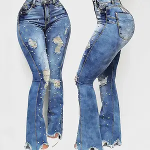 [US Shipping] Women's Flared Jeans - Stylish Women's Wear, MW Shiny Finish, Pearl Embellishment, Distressed Bootcut Design, Standard Sizes, Elegant Casual Embellished Jeans