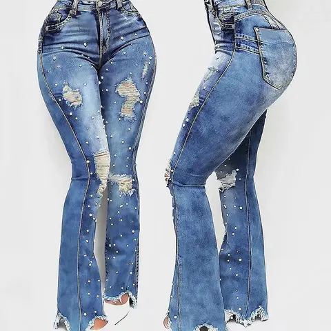 Women's Vintage Distressed Pearl-Embellished Flared Denim Jeans - Below the Ankle, Chic Style, Shiny Look, Flattering Hip Fit, Elegant Casual Womenswear Bottoms