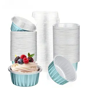 50 Sets Pink Mini Aluminum Foil Baking Cups with Lids, 5 Oz Dessert Baking Ramekins for Cupcakes, Creme Caramel, Cheesecake, Panna Cotta and Mousse, Ideal for Home Baking, Catering Takeout, Club Events, Baking Supplies