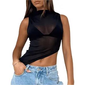 Women's Sheer Mesh Mock Neck Tank Tops Sleeveless Asymmetrical Hem Crop Tops Clubwear Womenswear Basic Black Minimalist Short tank tops babydoll tops tubetops corset top