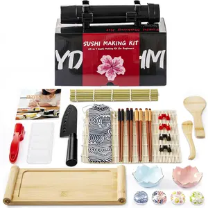 Deluxe Sushi Making Kit 25-in-1 Bazooka Roller Set,  Mat,,Sauce Tray, Sashimi Sushi  Serving Geta Plate,and More -  for Beginners