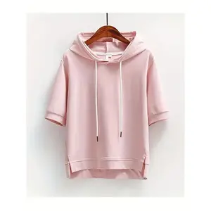 Light Blue Women’s Casual Summer Hoodie — Chic short-sleeve pullover with high-low hem, drawstring hood, and side slit — soft polyester blend, machine washable, A-line cut — women’s sweater hoodie sweatshirts