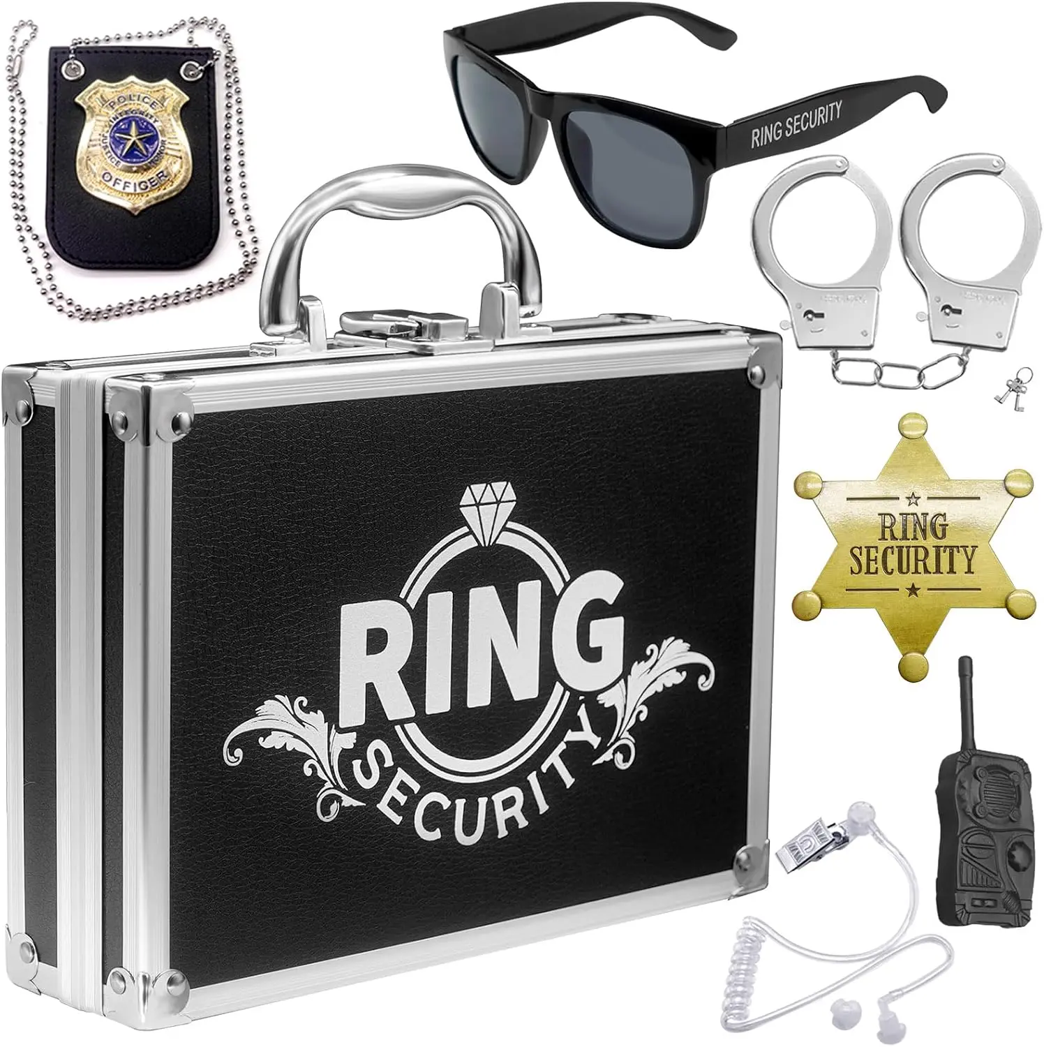 Ring Security Wedding Ring Bearer Gifts Box Case Briefcase Include Police Officer Badge, Sunglass, Badge, Spy Earpiece, Intercom, HandcuffsGift.