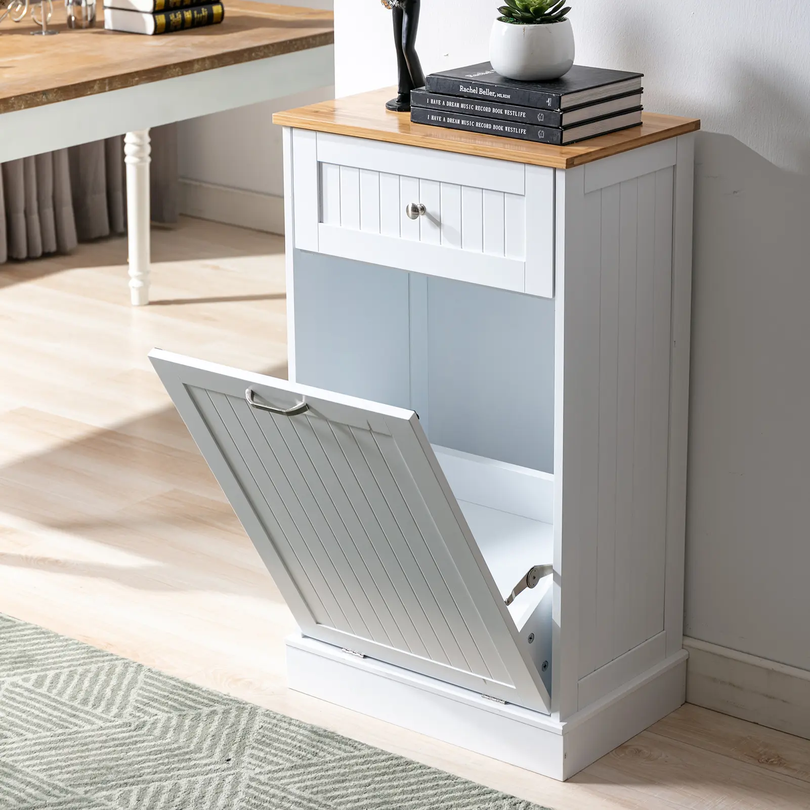 Tilt Out Trash Cabinet,Freestanding Wooden Kitchen Trash Recycling Cabinet with Drawer&Removable Cutting Board,Dog Proof Trash Can Cabinet,White/Black