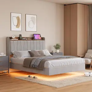 【Christmas Gift】Queen Size Floating Bed Frame with LED Lights and Charging Station Upholstered Platform Bed No Box Spring Needed Noise Free Grey