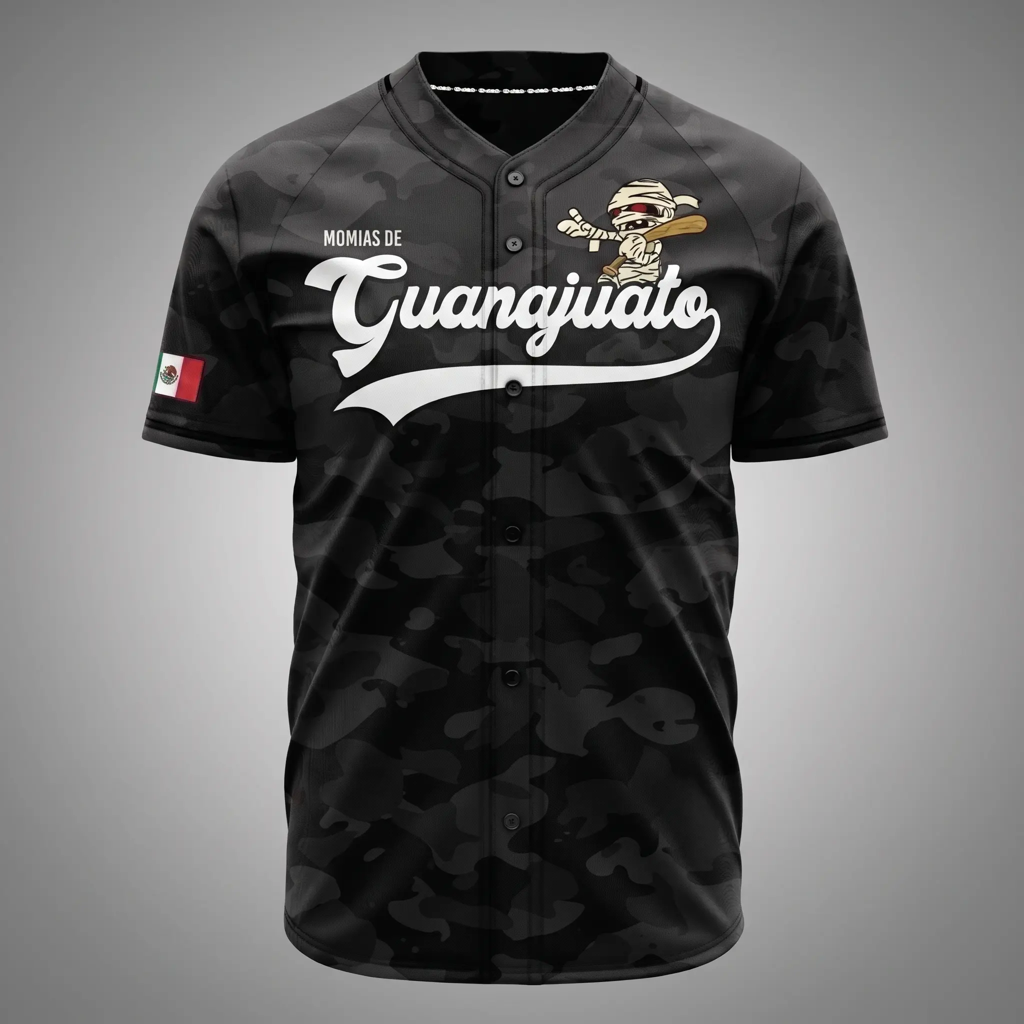 Vintage Momias de Guanajuato Black Camouflage Baseball Jersey – Button-Up Athletic Shirt, Mexican Heritage Fan Jersey, Unisex Sportswear