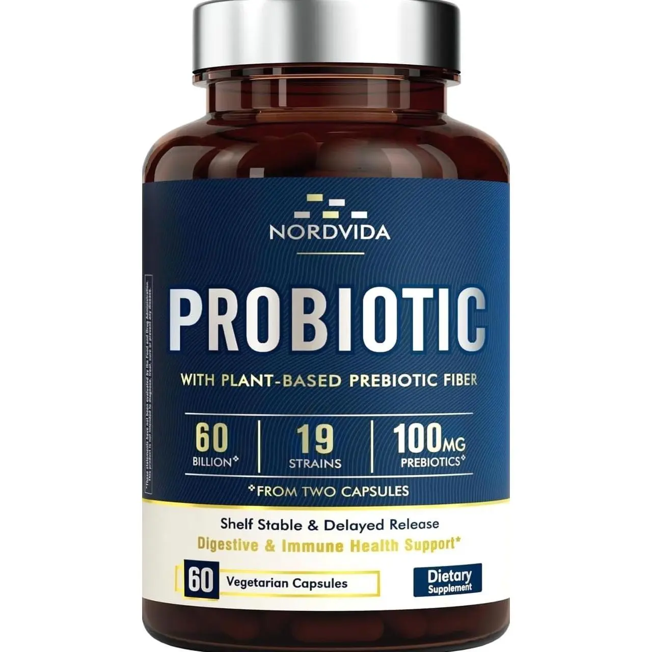 Probiotic 60 Billion 19 Strains with Organic Prebiotic for Men & Women, Digestive & Immune Health, Shelf Stable Delayed Release, Non-GMO No Dairy, 60 Vegan Caps