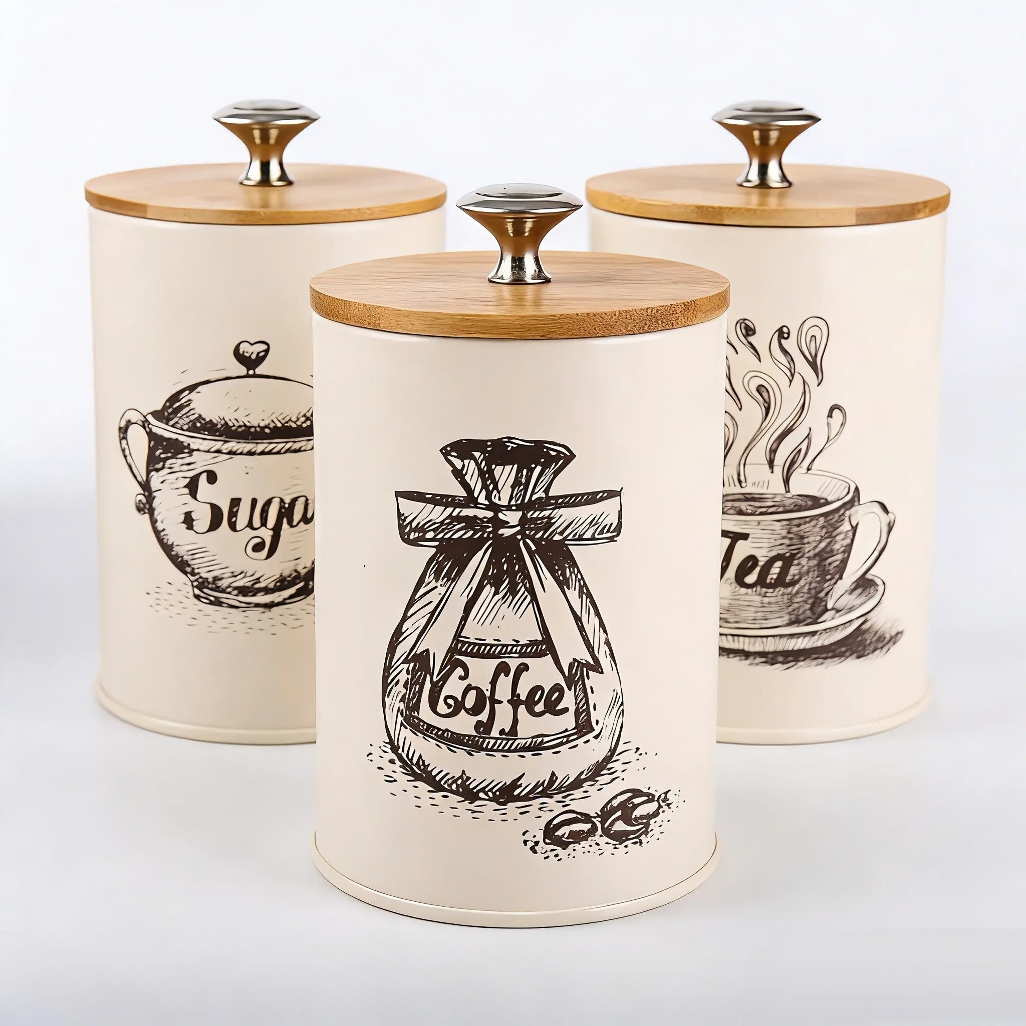 3-Piece Metal Canister Set for Kitchen Countertop, Coffee Sugar Tea Storage Containers With Lids, Condiment Container, Bamboo Lids, Farmhouse Style Decor for Home & Office Use, Coffee Storage Canisters