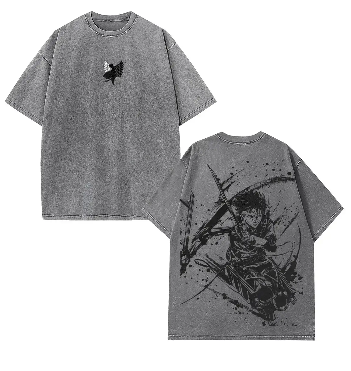 Attack On Titan AOT Levi Ackerman Oversized Double 2 Sided Graphic T-Shirt, Acid Washed, Sustainable US Cotton, Crew Neck, Classic Fit Menswear Top vintage shirts