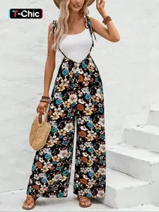 Women's All Over Floral Print Tie Shoulder Jumpsuit without Inner Top, Elegant Fashion Casual Jumpsuit for Daily Outdoor Wear, Women Clothes for Summer, High Waisted Jumpsuits, Tie Front Jumpsuit