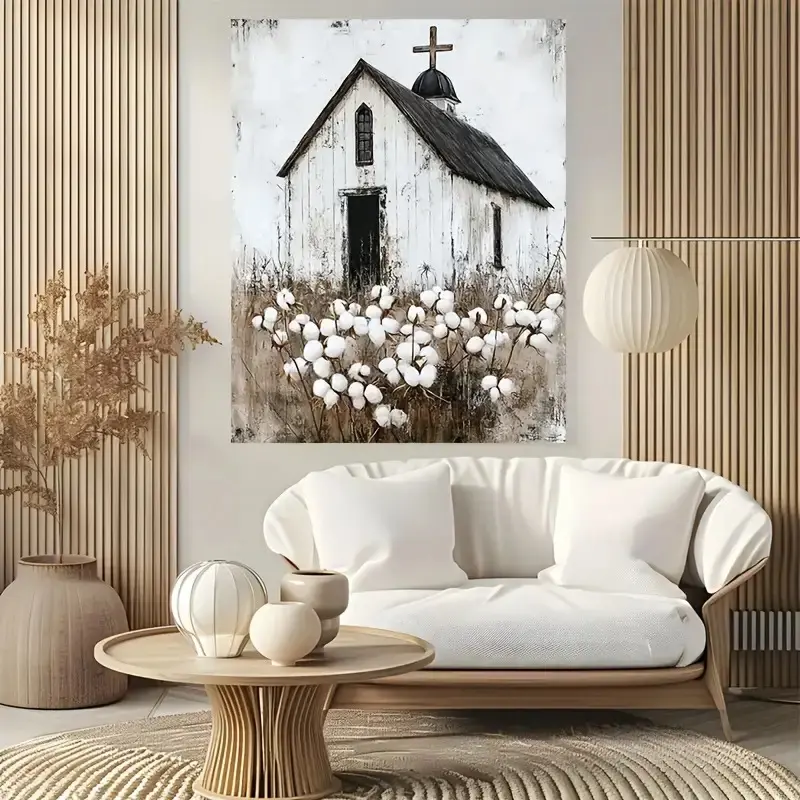 Vintage White Church Scene Canvas Artwork - Black Roof, Cross Motif, Rustic Wood Frame Wrapped, Custom-Printed Home Decor Products for Living Room Accent Wall, Faithful Accent, Custom Gifts