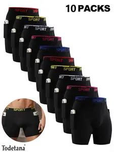 Todetana 10-piece Men's Solid Color Letter Tape Side Pocket Boxer Brief, Breathable Comfortable Underwear for Daily or Sports Wear, Casual Men's Underwear for All Seasons, Breathable Boxer Briefs