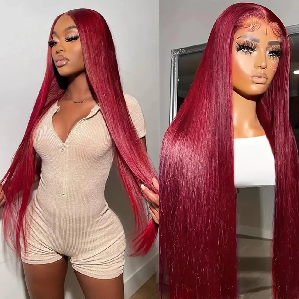 Bling Hair Straight Hair 99J Burgundy 13x6 Lace Frontal Human Hair Wigs Brazilian Red Colored 30 32 Inch 13x4 Straight Lace Front Wigs Human Hair