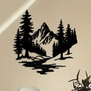 1 modern artistic metal mountain lake wall mural circular iron forest sculpture with pine trees and waterfalls, indoor/outdoor home decor, perfect for weddings, stays, and holiday gifts, outdoor decoration