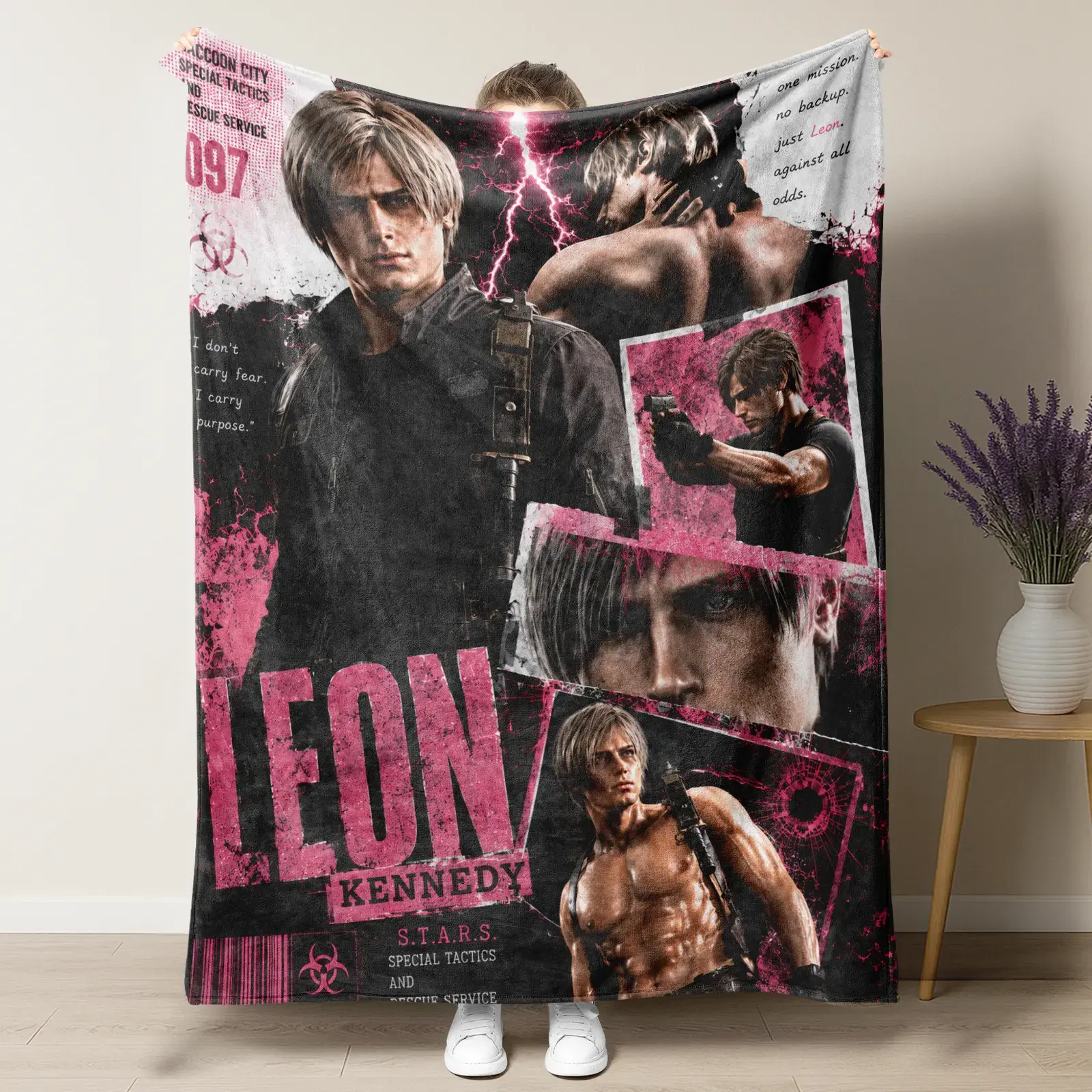 Soft Flannel Throw Blanket Pink Grunge Leon S. Kennedy Collage Biohazard Print Cozy Lightweight Sofa Bed Blanket Resident Evil Game Aesthetic Home Decor
