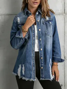 Women's Plus Size Denim Jacket, Ripped Hem Design, Button Closure, Pockets, Slim-Fit, Long Raglan Sleeves, Solid Color, Autumn Winter Fashion, Coats
