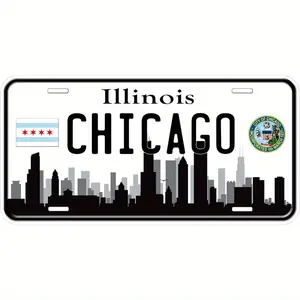 Chicago IL Skyline Novelty Aluminum Front License Plate- 6X12- Inch Polished Metal Standard Plate, Easy to Install, for Decor Only, Made in USA