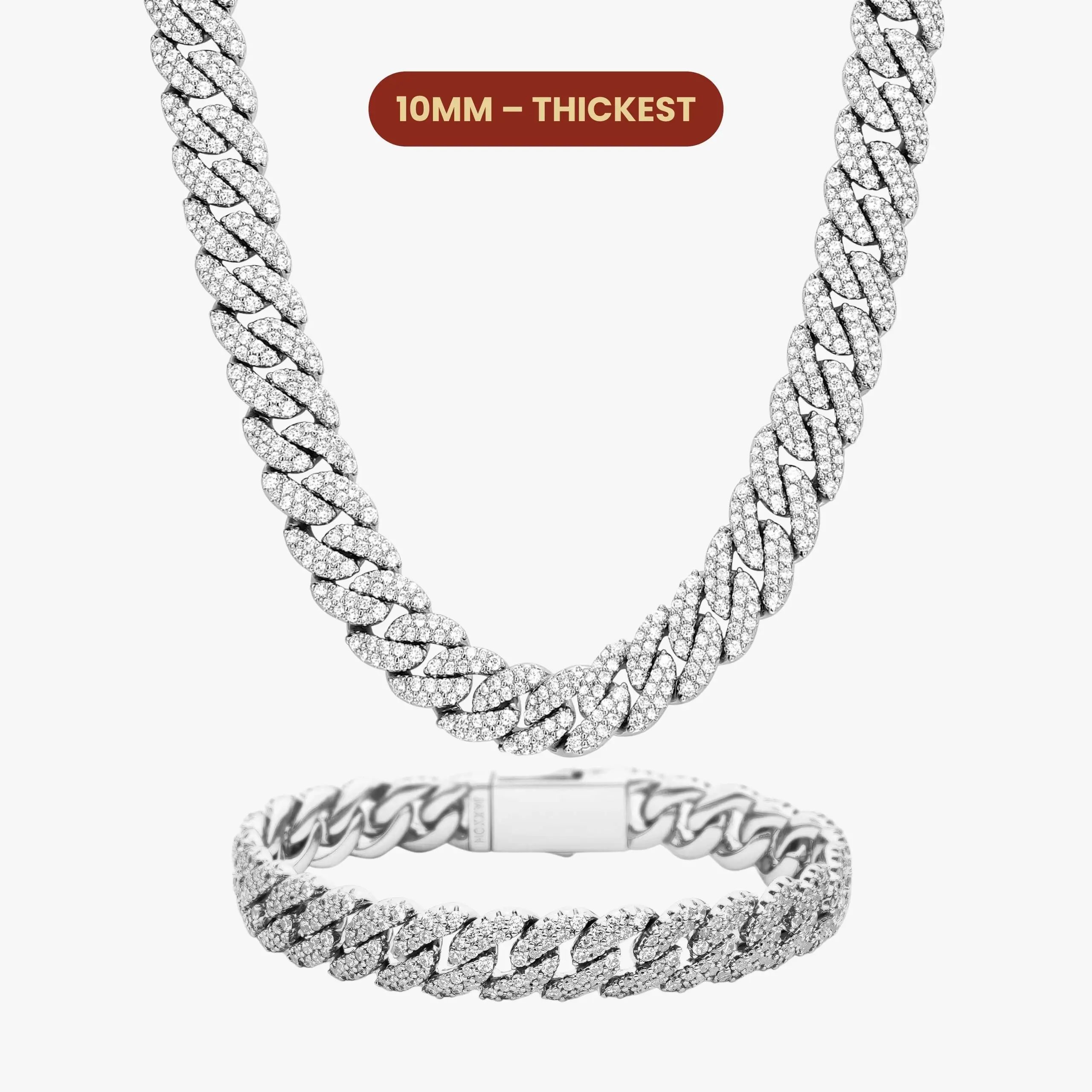 JAXXON Iced Out Cuban Set 10mm - Silver - Rhodium Bonded for Shine & Durability - Box Clasp