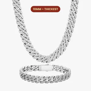 JAXXON Iced Out Cuban Set 10mm - Silver - Rhodium Bonded for Shine & Durability - Box Clasp