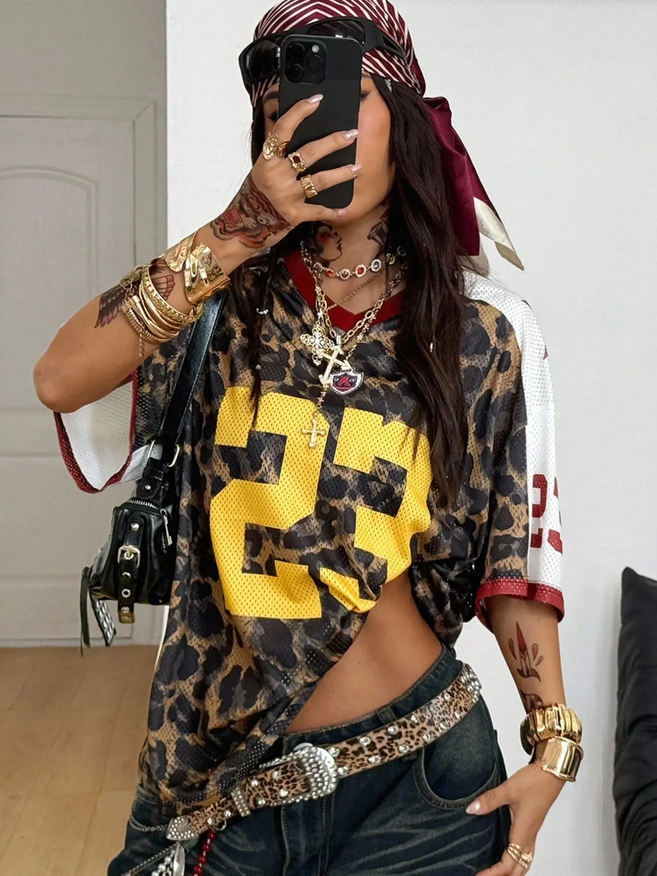 Vintage Leopard Print No.23 Football Jersey, Y2K Streetwear Breathable Mesh Top with New York Letter Print for Daily Casual Outfits