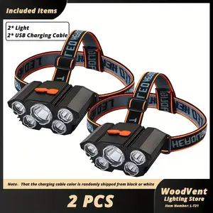 2 Counts Rechargable Headlamp Led Head Lamp with 4 Modes Waterproof Head Lights For Forehead- Hard Hat Light- Adjustable Head Flashlight For Adults- Bright Coast Headlamp for Outdoor Camping, Hiking, Running