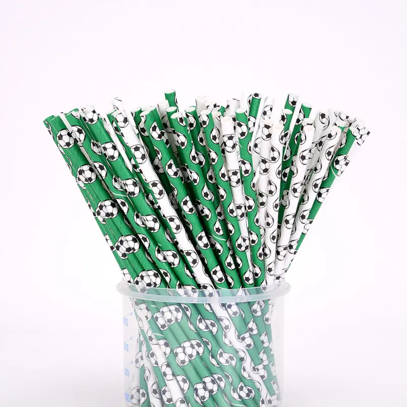 50PCS/100PCS-Football-themed paper straws, disposable kraft paper biodegradable straws, cake and dessert decoration straws, beverage straws