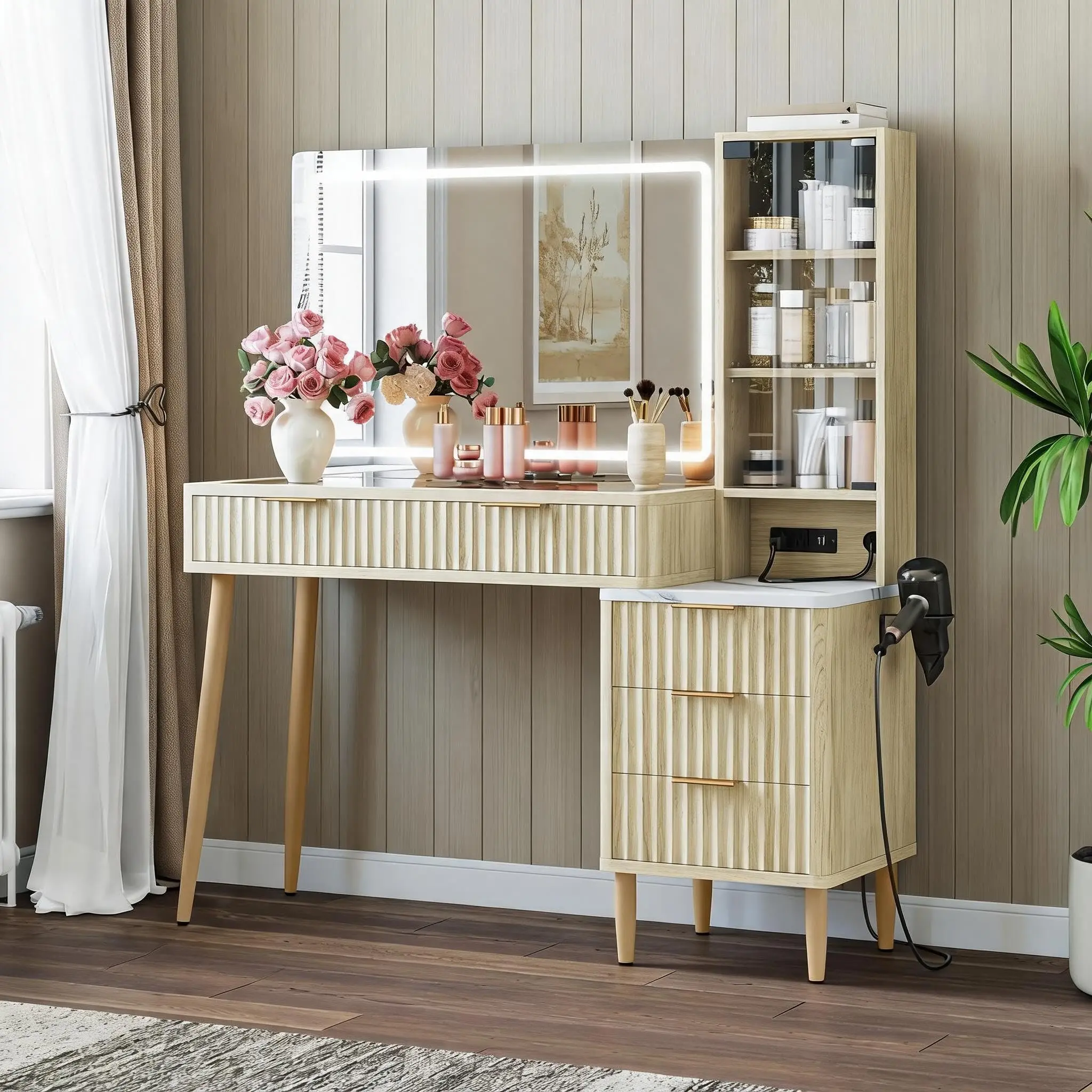 Fluted Makeup Vanity Desk with 36" Lighted Mirror, Modern Glass Top Wood Dressing Table with Charging Station, 5 Drawers & Open Shelves 3 Color Modes Luxury Vanity Table for Bedroom, Oak