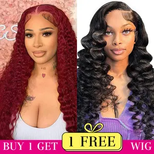 [Combo sale 28"&22"] buy 1 get 2 wig" 28 Inch 13x4 Jerry Curly 99J Hair Lace Front Wigs + 13x4 22 lnch Body wave Human Hair Hair Pre Plucked HD Transparent Lace Frontal Human Hair Wigs 180% Density