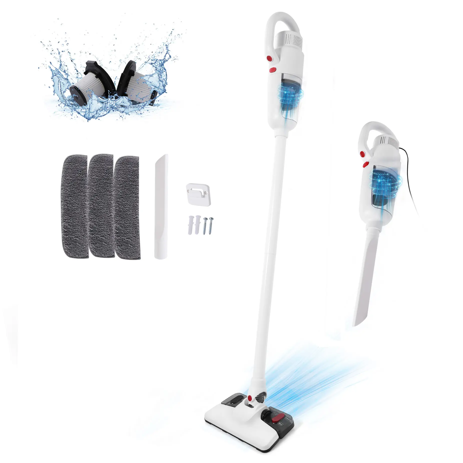 Lightweight Stick Vacuum Cleaner, 400W 12Kpa Corded Vacuum and Mop Combo with 3 Dust Filters and Microfiber Pads, 2.86lb Electric Broom for Hardwood Tile Wood Floors, Carpet, Kitchen, Bedroom, Living Room, White Plastic Steel