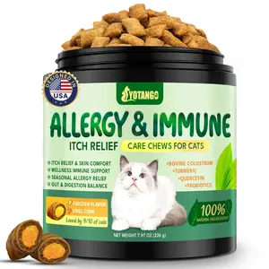 3-in-1 Cat Allergy Relief for Cats Kittens, 500 Crunchy Chews for Cat Allergy & Itchy Skin Relief + Immune Support + Digestive Support, with Colostrum and Probiotics 500M CFU (Chicken Flavor)