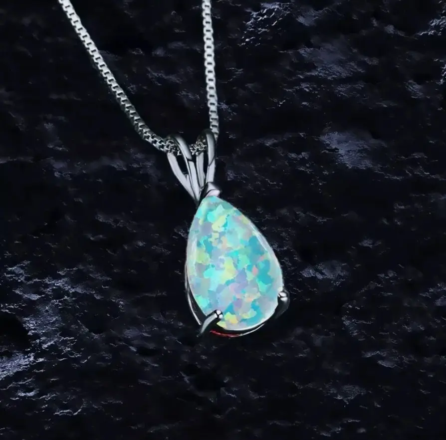 Women's Minimalist White Fire Opal Teardrop Pendant Necklace, Silver Costume Fashion Jewelry