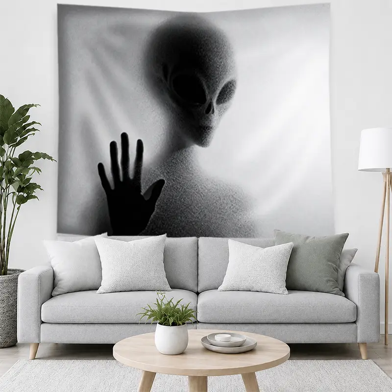 Black-White Alien Silhouette Tapestry, Sci-Fi Extraterrestrial Wall Hanging, Mysterious Fabric Wall Art for Bedroom, Living Room Decor, Halloween Home Decor Gift