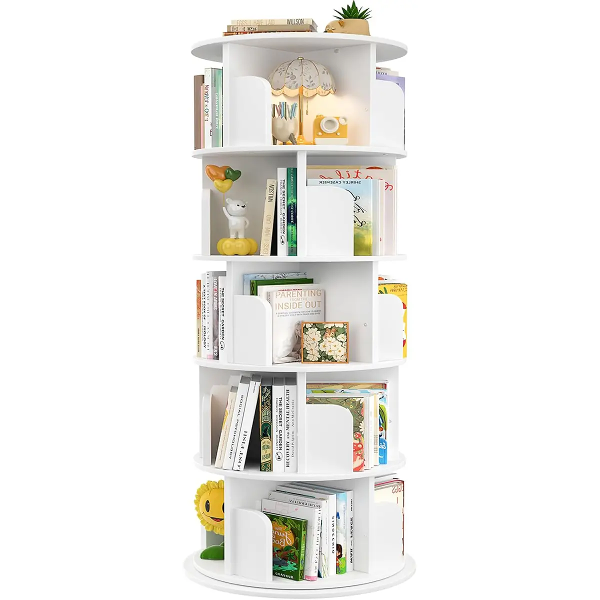 360° Rotate MDF Wood Corner Bookshelf, 5-Tier Floor Standing Spinning Bookcase Tower, Easy Access Storage Holds 100+ Books, Fits Office/Commercial Furniture Needs, Corner Shelf