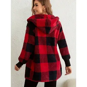 Elegant Plaid Pattern Hooded Fuzzy Coat Women's Casual Tartan Long Sleeve Warm Outerwear for Fall Winter BH176645