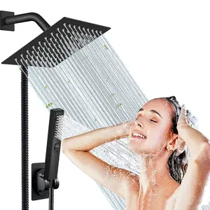 6/8"High Pressure Square RainShower Head and 2-in-1 HandShower.Equipped with 78"Hose, 3Way Diverter Valve,Adhesive ShowerHead Holder