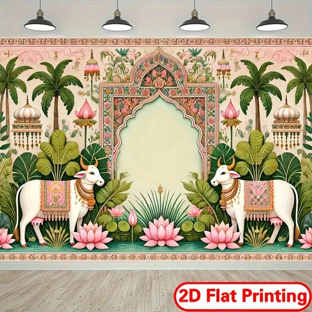 1pc Traditional 2D Flat Soft Durable Indian Wedding Textile Banner Ornament - Pink Flower Motifs, Arch Window Design, Vibrant Green Backdrop, Easy Hanging Non-Electric Decoration for Weddings, Holiday Celebrations