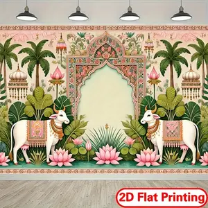 1pc 2D Flat Indian Wedding Banner - Traditional Party Decor with Pink Floral Motifs, Arch Window Design Vibrant & Green Backdrop for Diwali, Navratri, Photo Booth No Electricity Needed, Easy Han