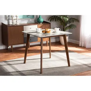 Wholesale Interiors Kaylee-Marble-Walnut-DT Baxton Studio Kaylee Mid-Century Modern Transitional Walnut Brown Finished Wood Dining Table with Faux Marble Tabletop