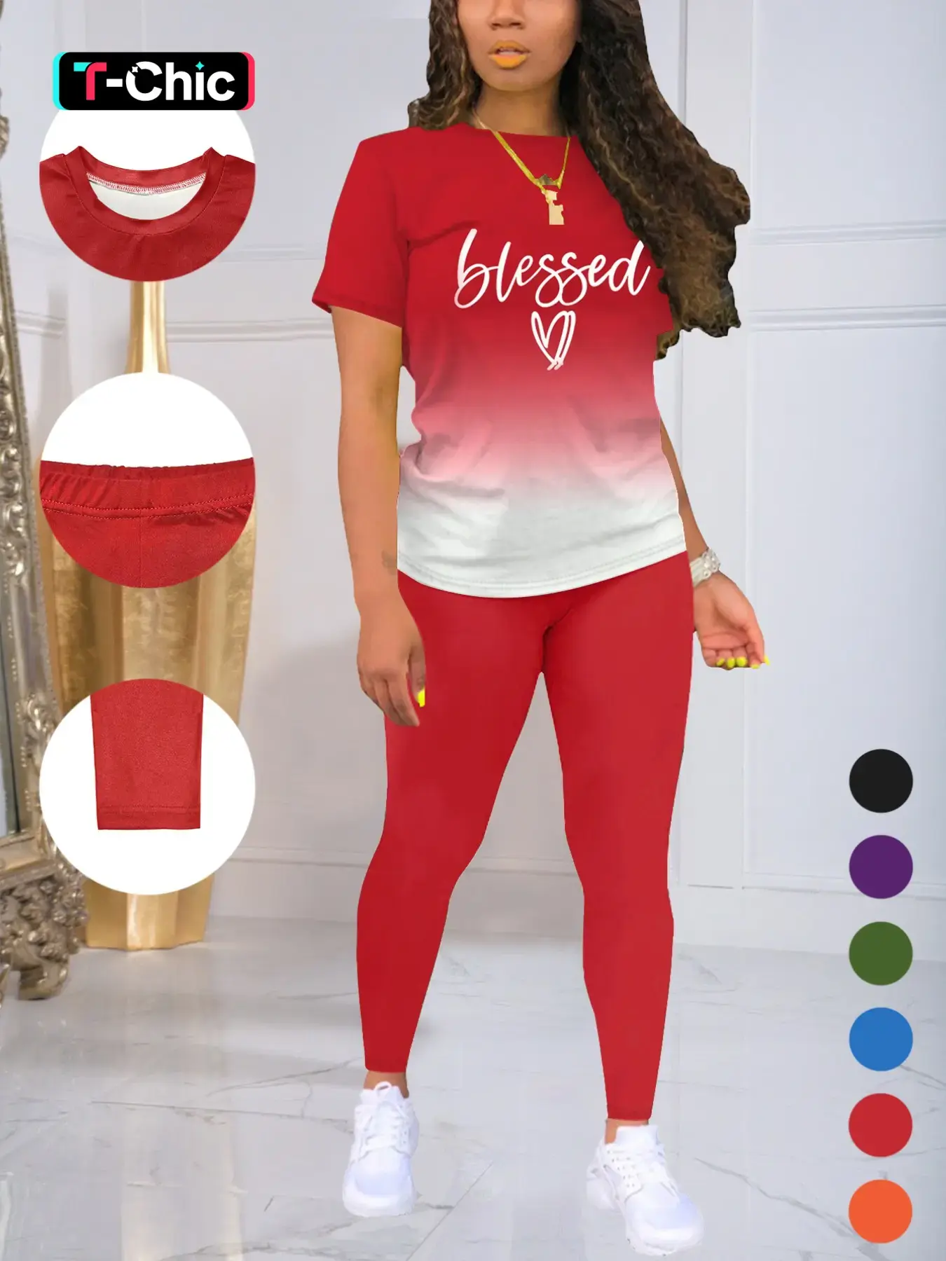 Women's Ombre Letter Print Tee & Skinny Pants Set, Stretchy Outfit Sets Casual Womenswear Short Sleeve Round Neck T-Shirt & Trousers For Daily Wear, Ladies Fitted Two Piece Outfits For All Seasons