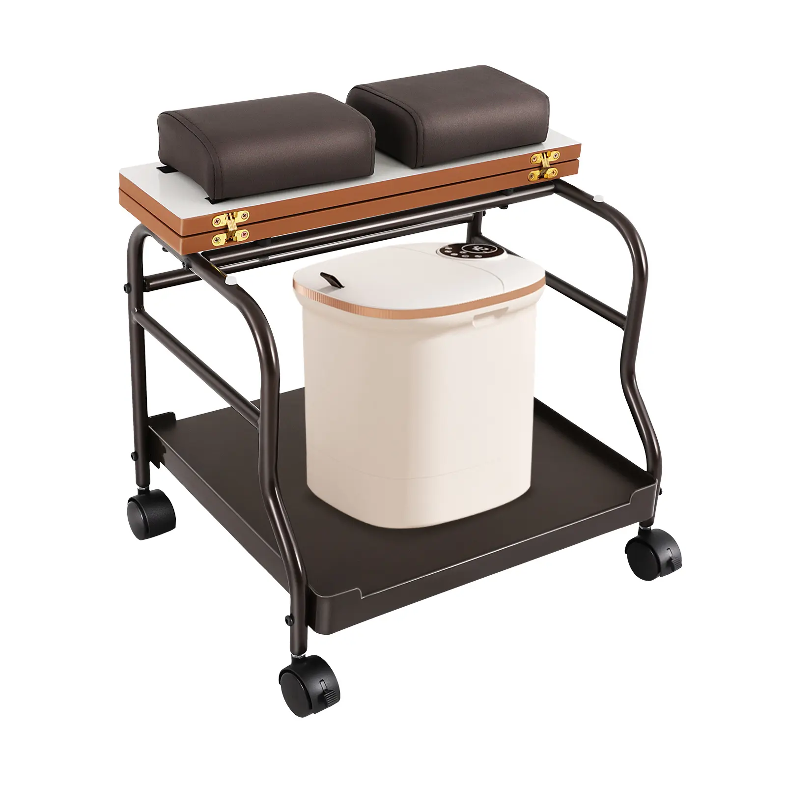Compact Plastic Wood Iron Portable Foot Trolley (39.7 lbs) with Foldable Board, 4 Silent Wheels (2 Locking) – Mobile Beauty Cart for Salon Spa Home, Fits Nail Lamp, Massage, Foot Bath, Mobile Pedicure