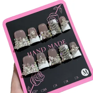 Hailey's duck white shiny gems snake french tips luxury acrylic handmade press on nails A17