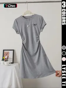 26 Valentine's Day women's casual fashion slim fit small bow print details simple solid color pleated pullover women's round neck short sleeved dress