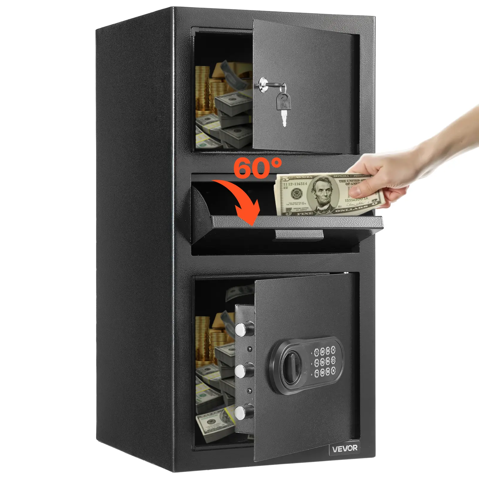 VEVOR Carbon Steel 3.6 Cu Ft Drop Safe - Triple Bolted Wall & Floor Safe with Digital Keypad, 3-Tier Depository, Spare Keys, Impact Alarm, Dual Compartments, Easy Mounting, External Power Port, Reinforced Security Design for Cash Deposits, Ballots, Black