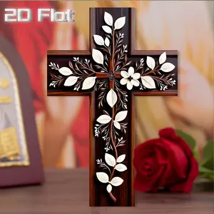 Elegant Traditional Religious Cross Wall Decor, Deep Background with Flower Pattern, Artificial Wood Cross, Home Church Easter Gift, Wooden Cross Decorations