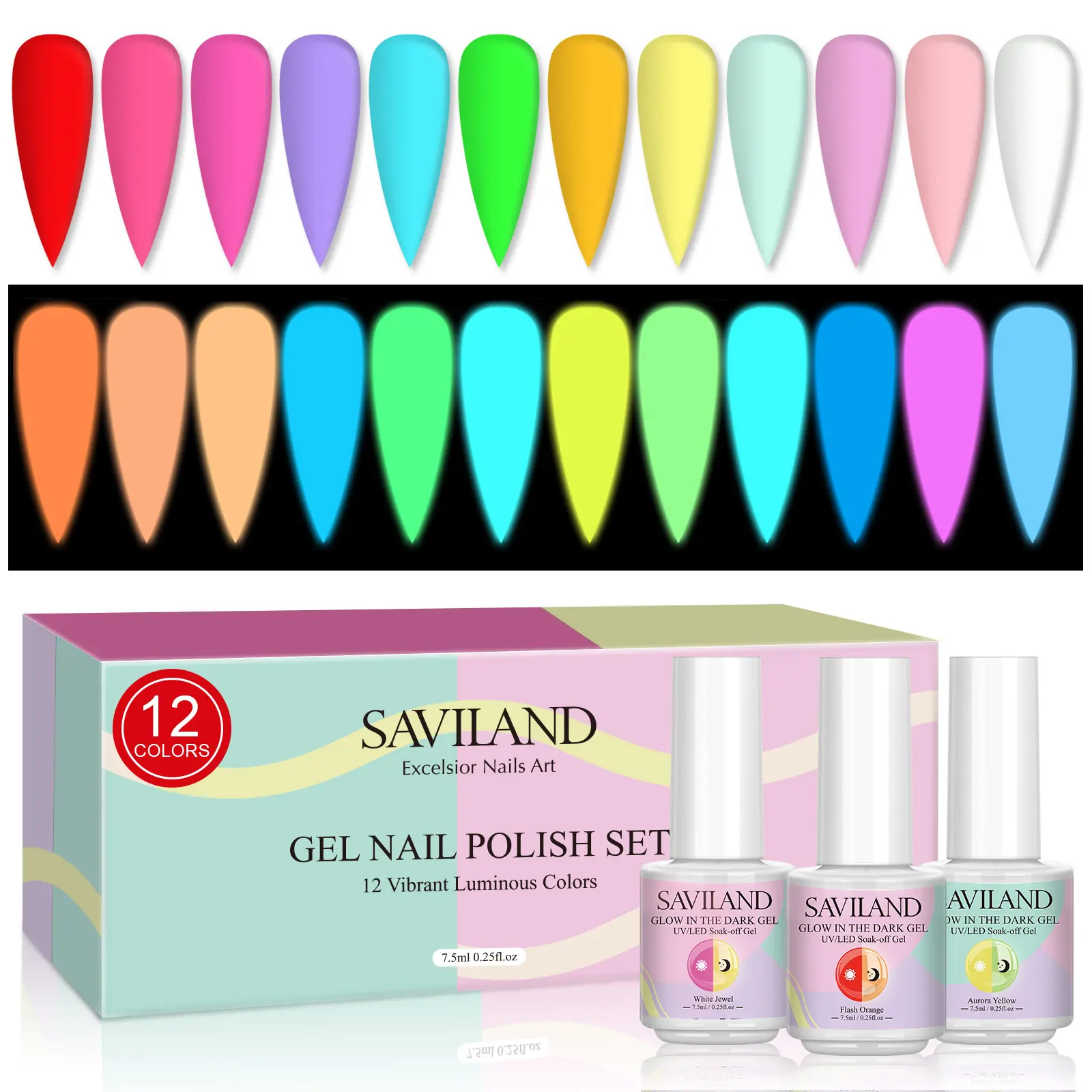 SAVILAND Glow-in-Dark Gel Polish Set: 12 Halloween Neon Colors Soak-off UV/LED Perfect for DIY Nail Holiday Gifts Enhance Designs Luminous Glow Effect