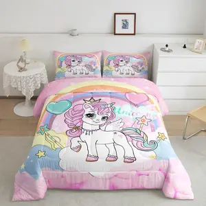 Pretty Unicorn Luxury Bedding Set,Cute Rainbow Unicorn Designer Comforter Set,Cartoon Quilt Comforter,Galaxy Magical Pink Unicorn Bedding Collection