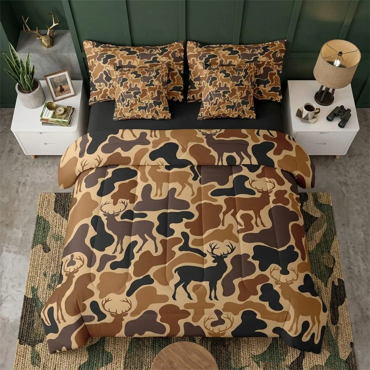 Camo Deer 7 Piece Bedding Set,Deer Hunting Bed Set Includes Comforter,Sheet Set,Pillowcases & Pillow Covers Bedroom Decor Brown Antlers Bed in a Bag,Breathable Western Farmhouse